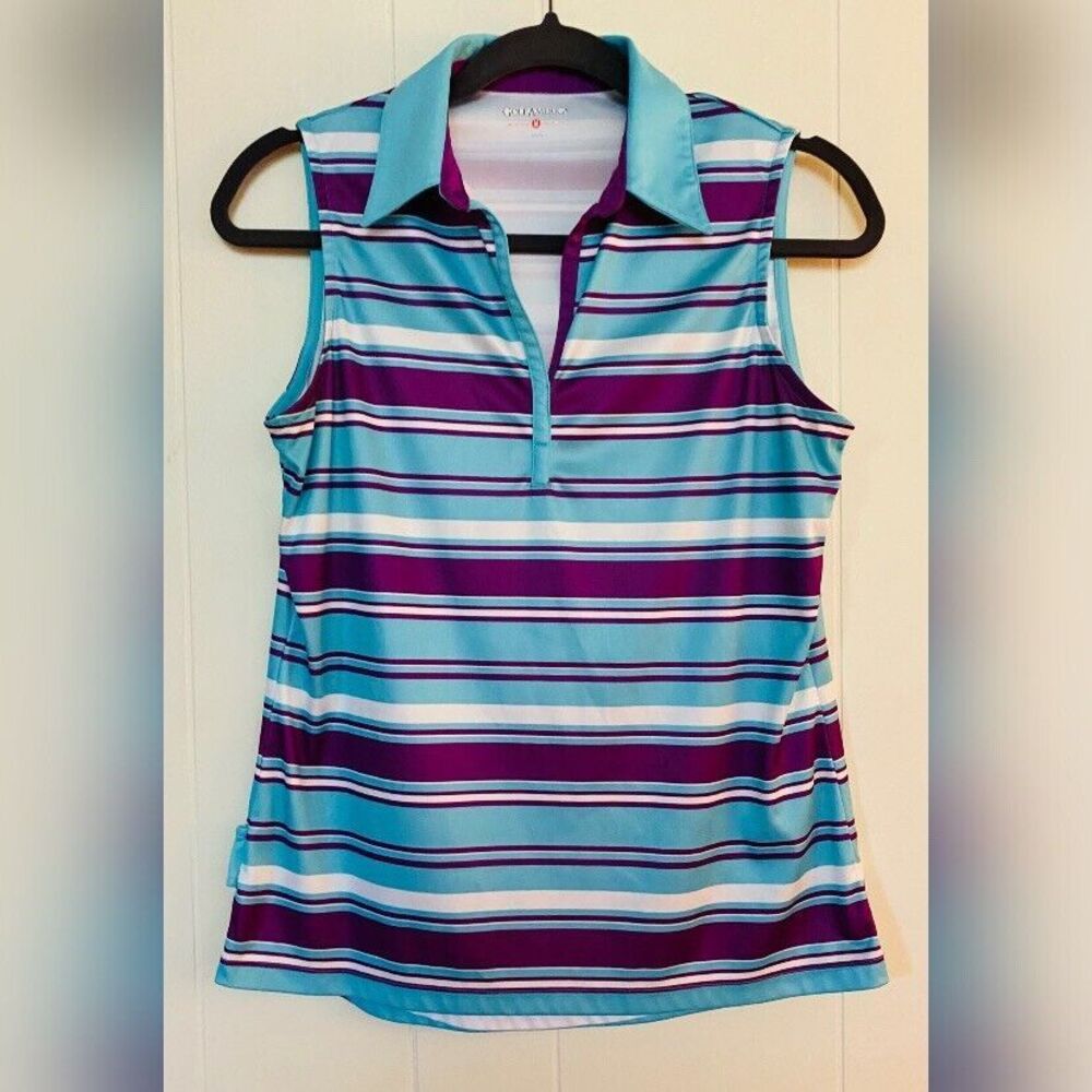 Golf America Top Women’s Medium Blue Purple Stripes Stretch Athletic Athleisure